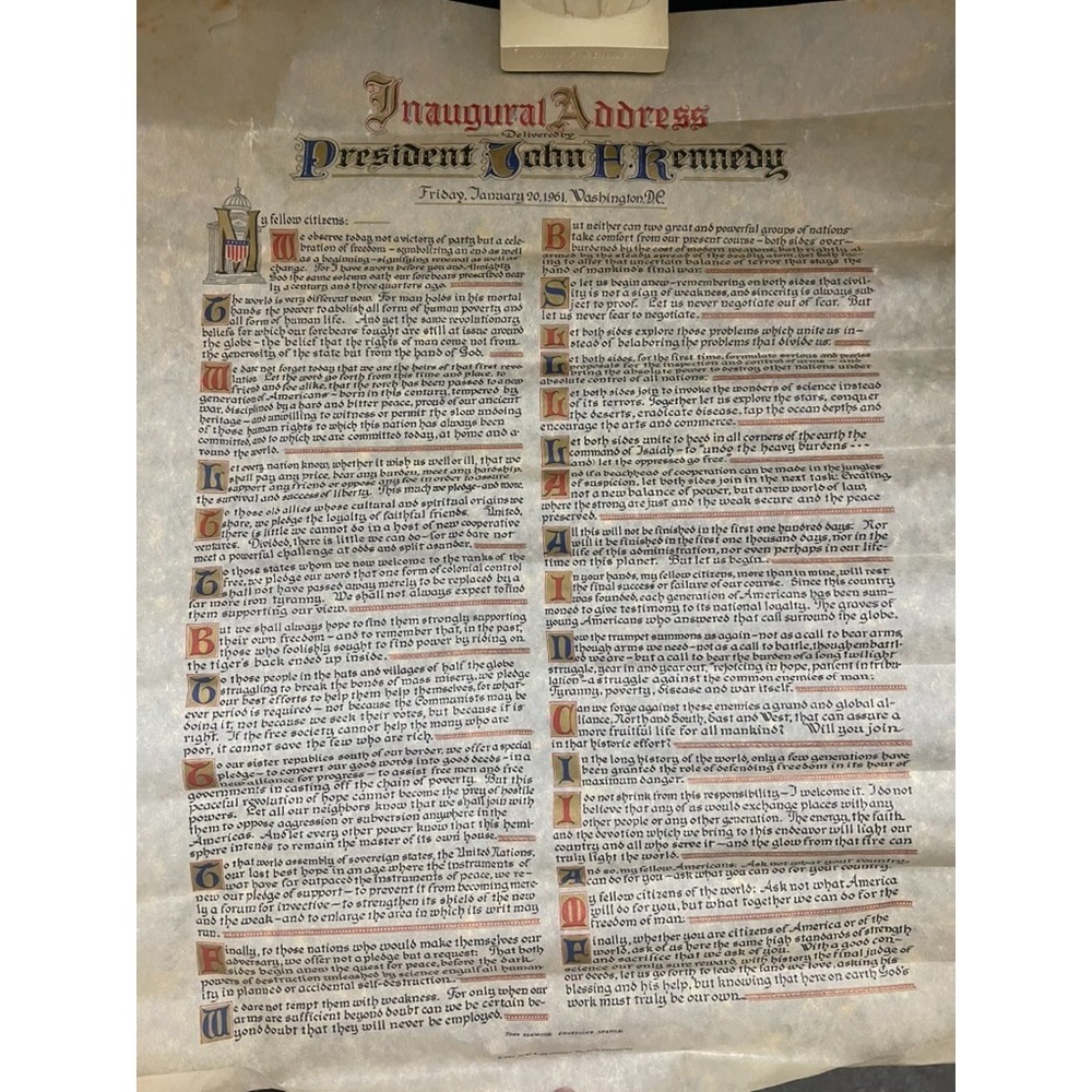 Vintage 1963 JFK Inaugural Address Parchment John Ashmore Calligraphy 1961 Art
